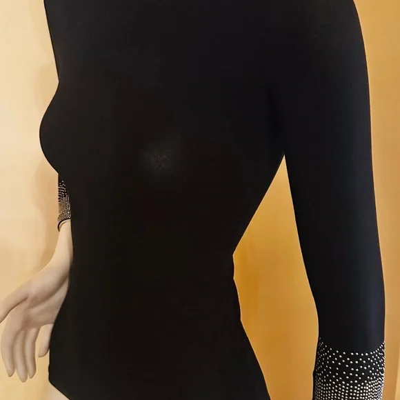 KIKIRIKI Black Long-Sleeve Crewneck Top with Crystal-Embellished Cuffs size S - Picture 7 of 15